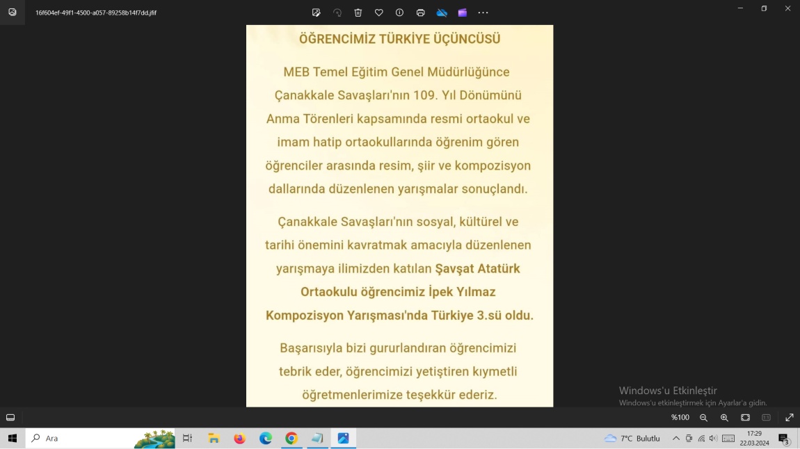 Öğrencimiz İpek YILMAZ Türkiye Çapındaki Çanakkale Savaşları Kompozisyon Yarışmasında 3. Oldu